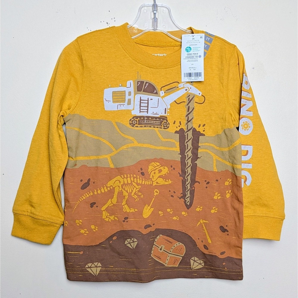Carter's Dino Dig Construction Dinosaur Jersey Long Sleeve Kids Shirt Size 2T